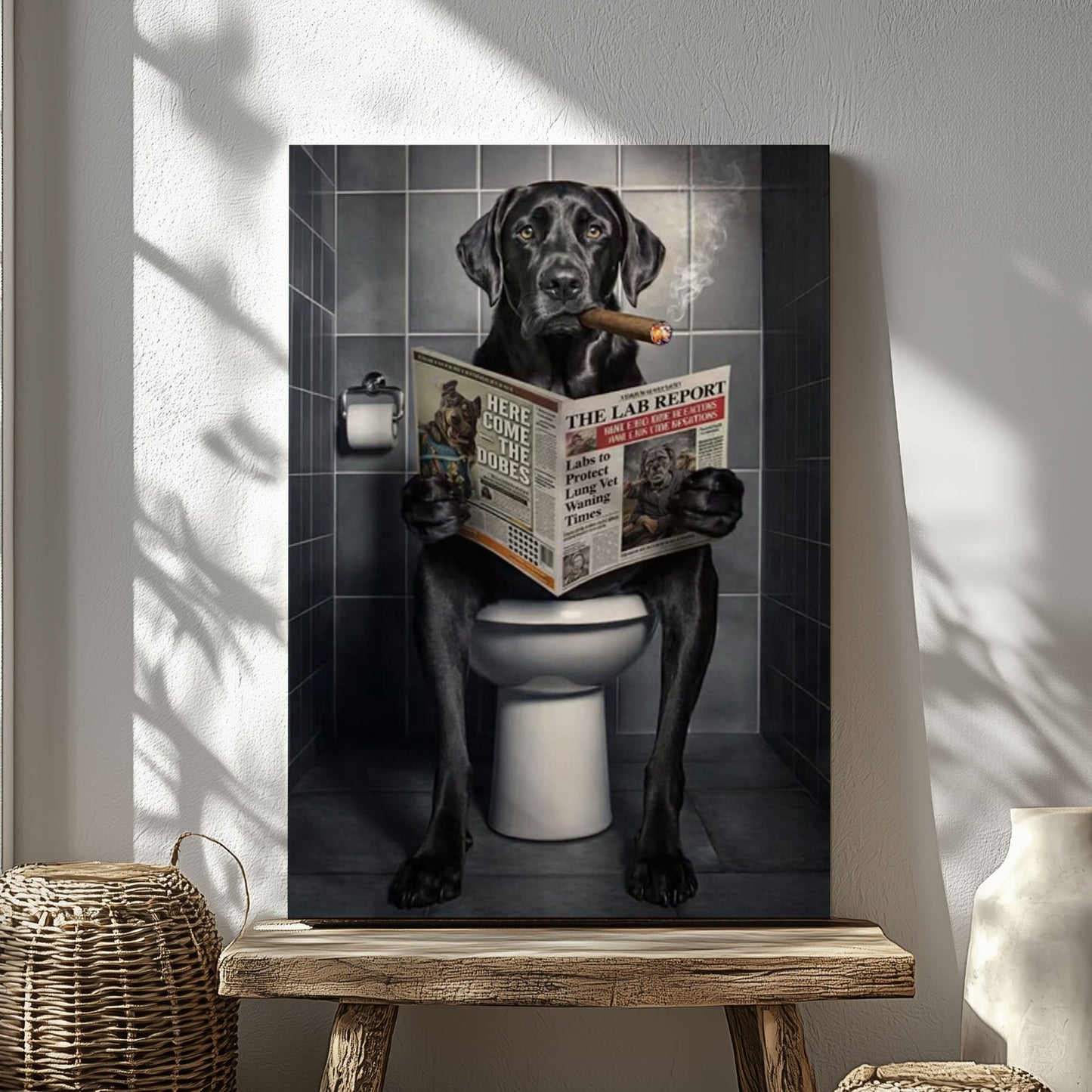 Smoking Dog on Toilet Canvas Wall Art Gift for Hunters Cabin Decor