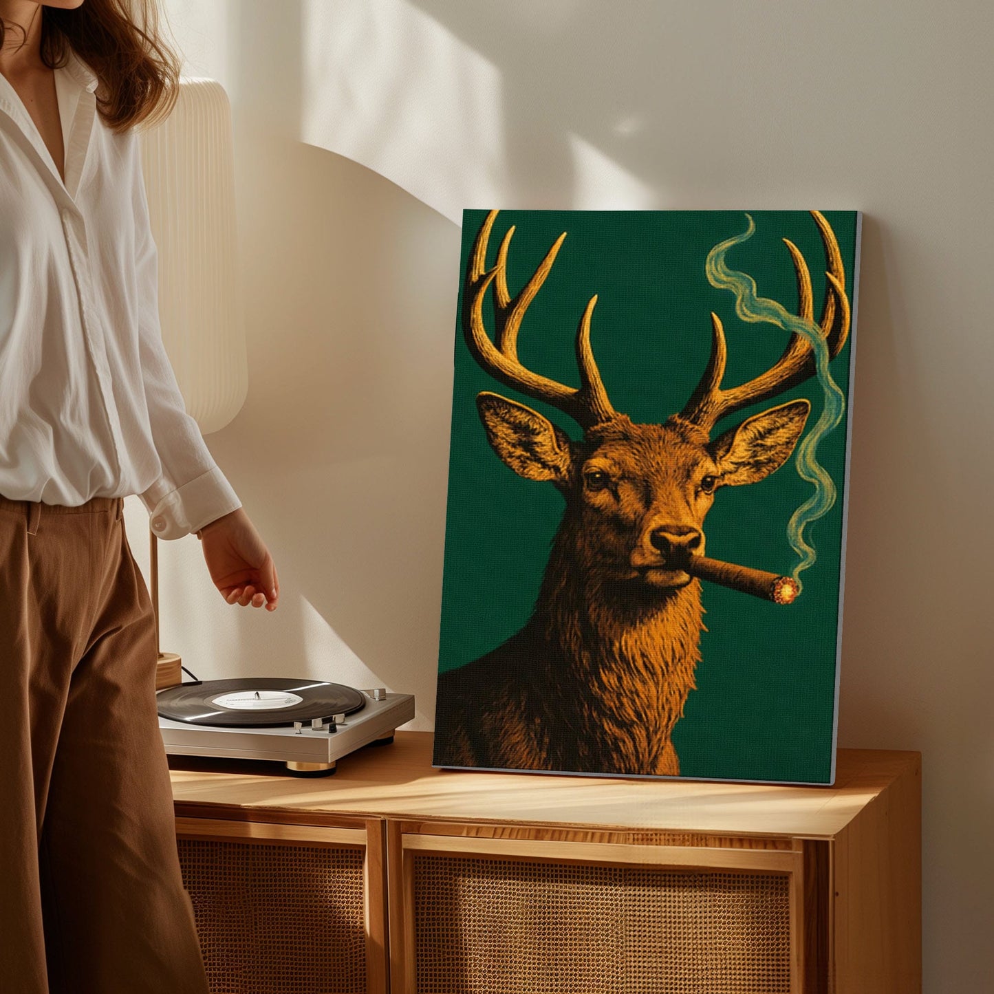 Deer with Cigar Canvas Wall Art