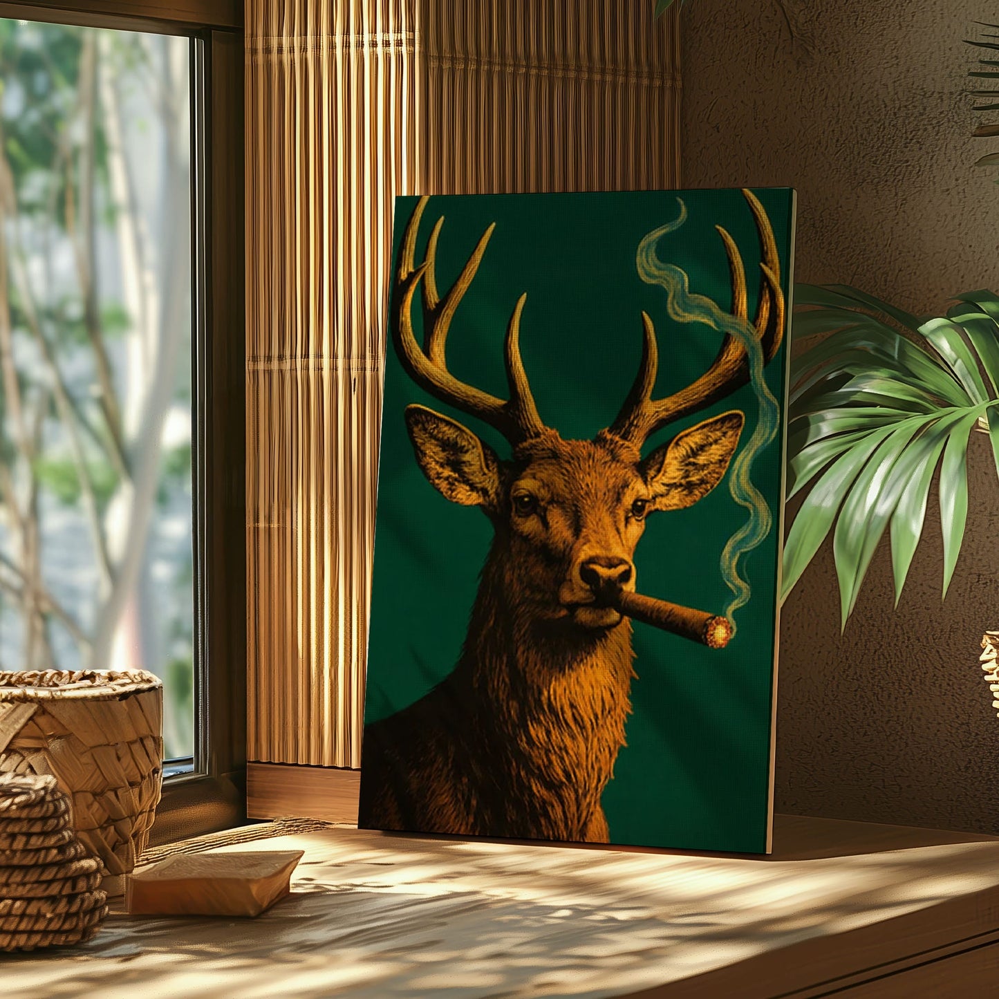 Deer with Cigar Canvas Wall Art