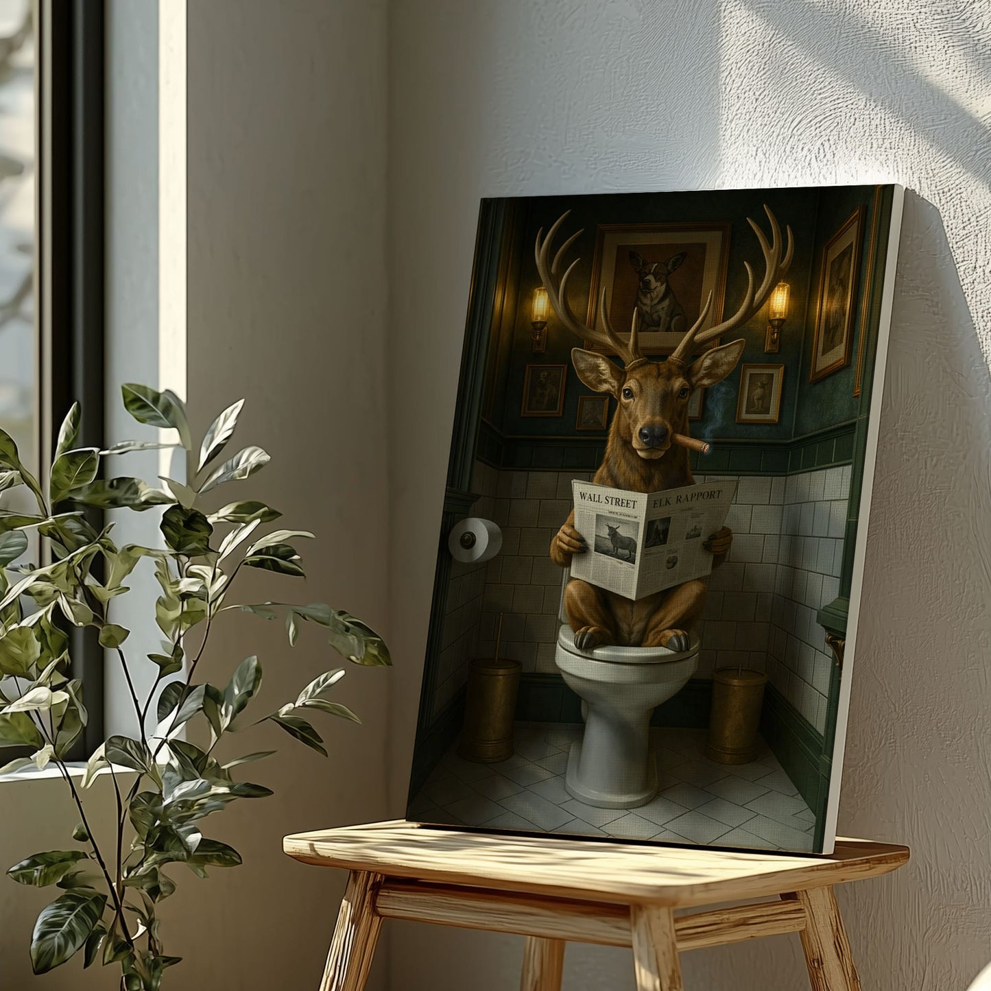 Smoking Elk on Toilet Absurd Wall Street Animal Wall Art