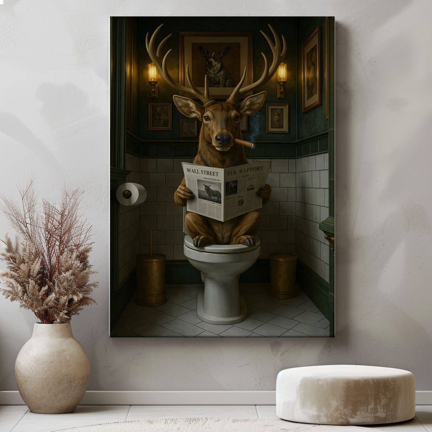 Smoking Elk on Toilet Absurd Wall Street Animal Wall Art