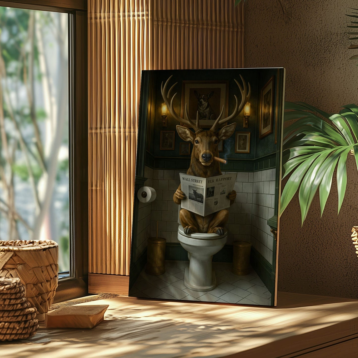 Smoking Elk on Toilet Absurd Wall Street Animal Wall Art