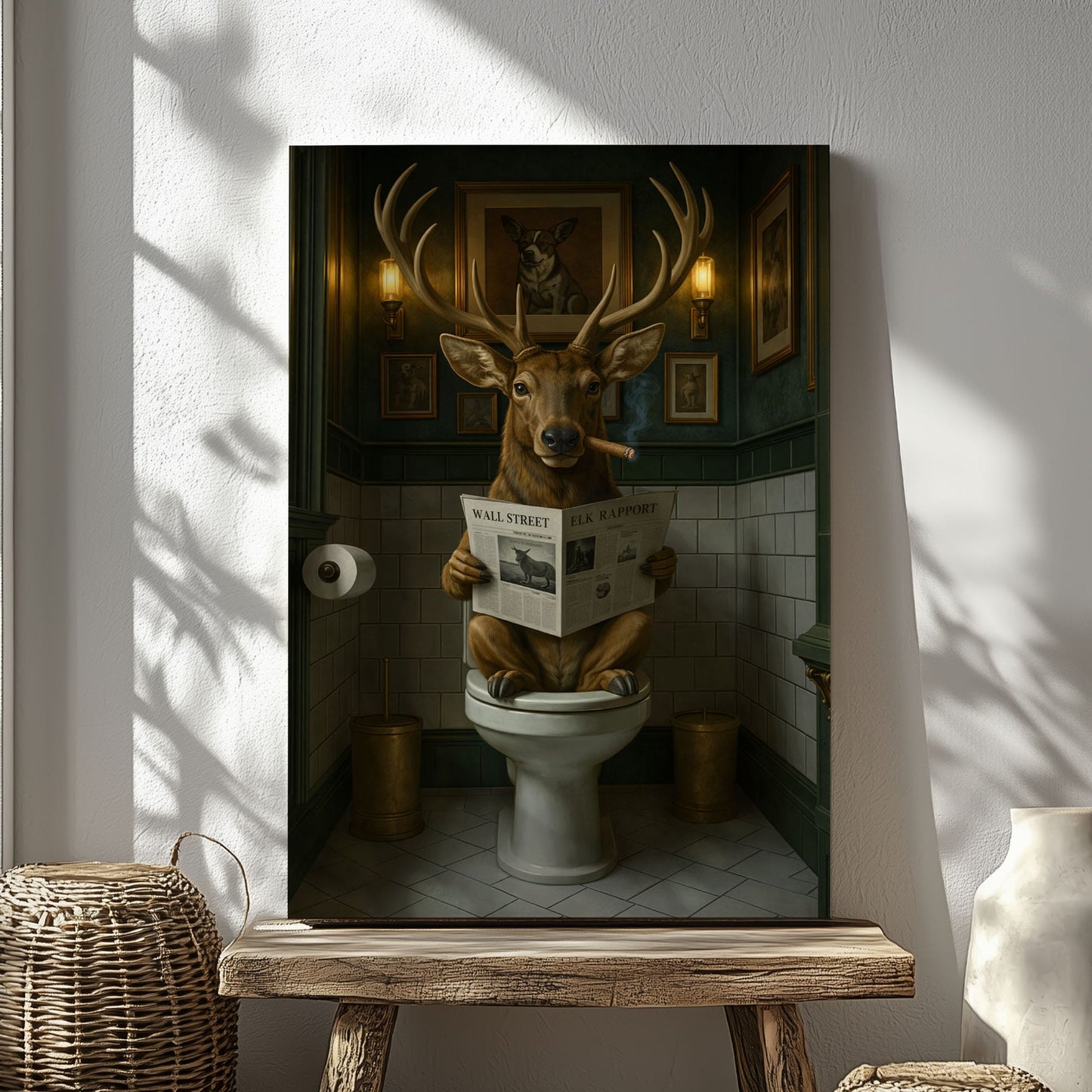 Smoking Elk on Toilet Absurd Wall Street Animal Wall Art