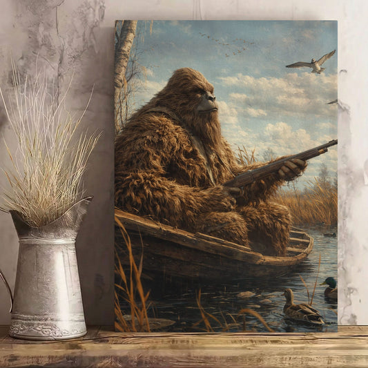 Vintage Bigfoot Duck Hunting Art Print: Sasquatch Cabin Decor