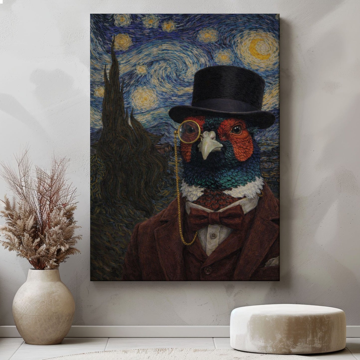 Pheasant Gentleman Starry Night – Vintage Animal Art
