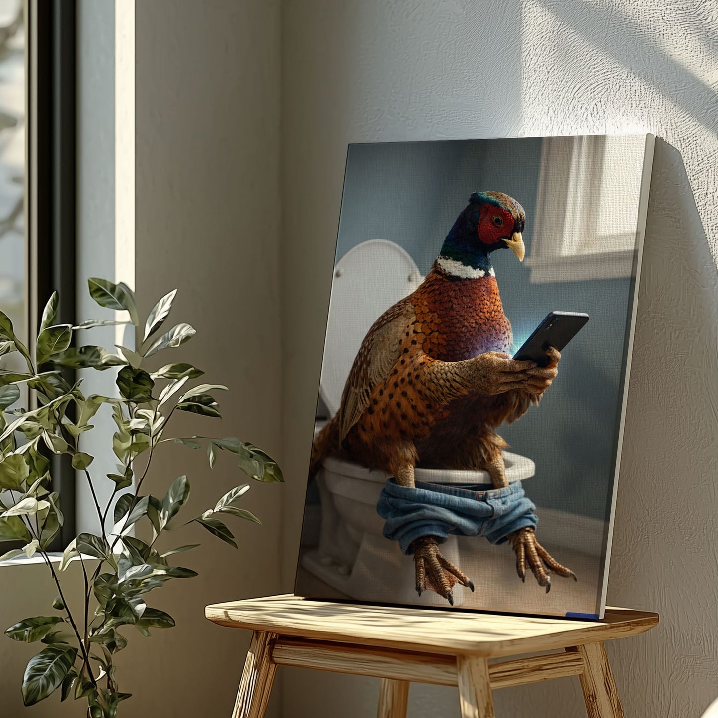 Pheasant Checking Phone on Toilet Funny Bathroom Art