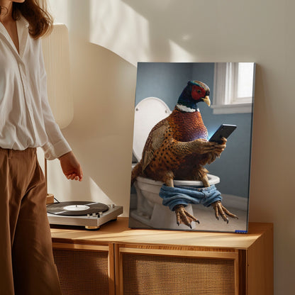 Pheasant Checking Phone on Toilet Funny Bathroom Art