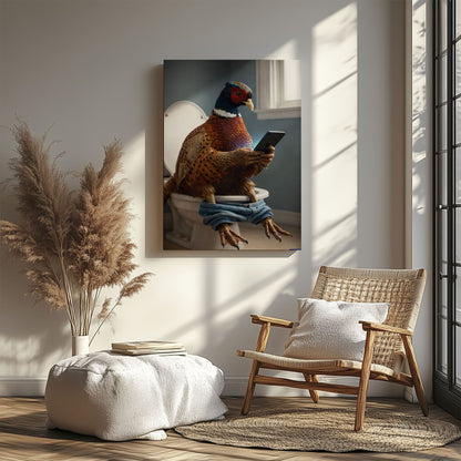 Pheasant Checking Phone on Toilet Funny Bathroom Art