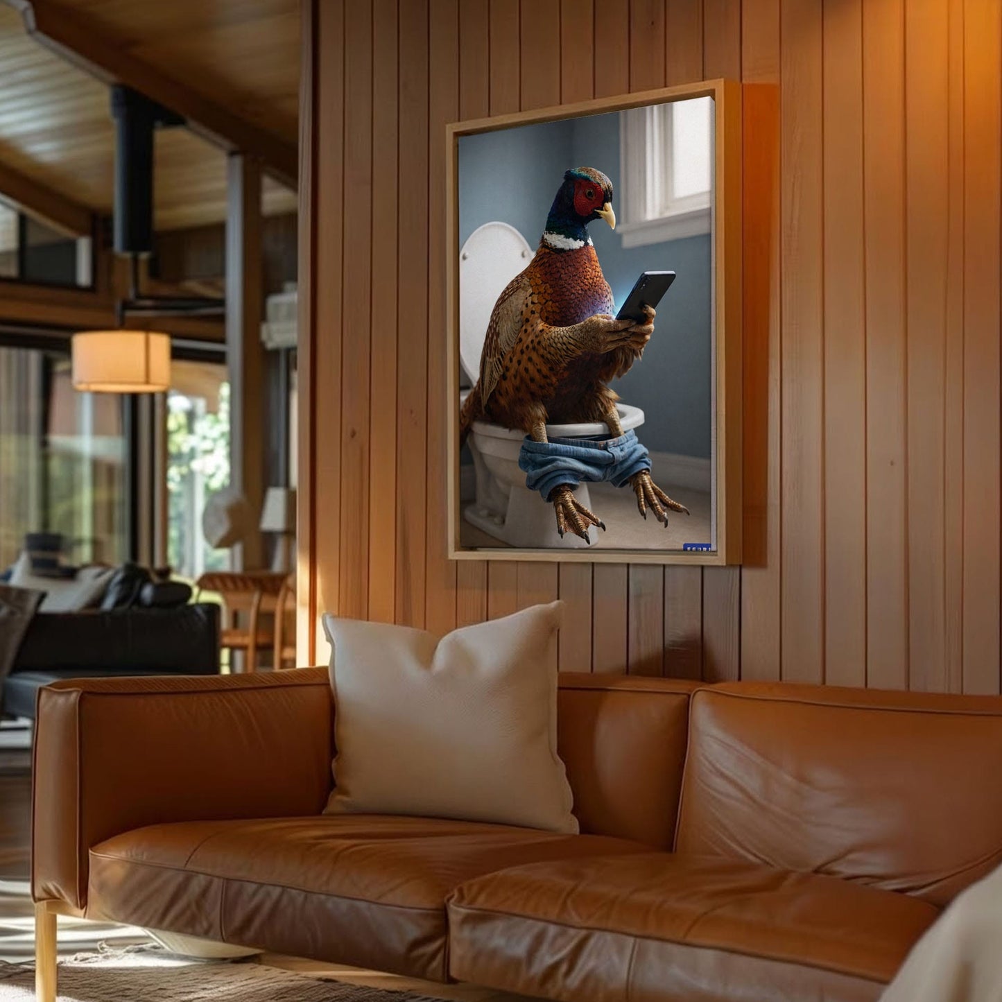Pheasant Checking Phone on Toilet Funny Bathroom Art