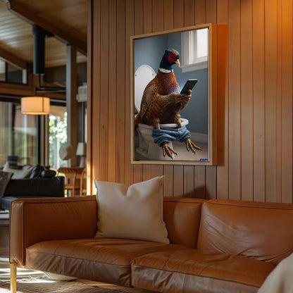 Pheasant Checking Phone on Toilet Funny Bathroom Art