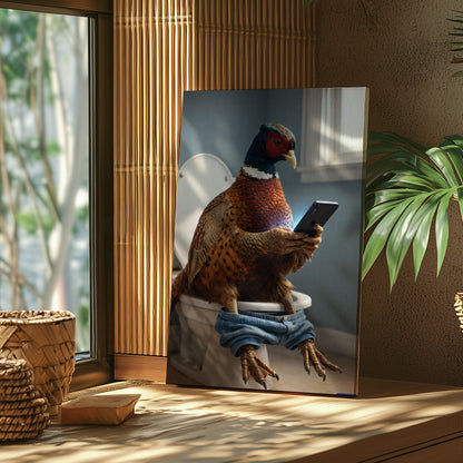 Pheasant Checking Phone on Toilet Funny Bathroom Art