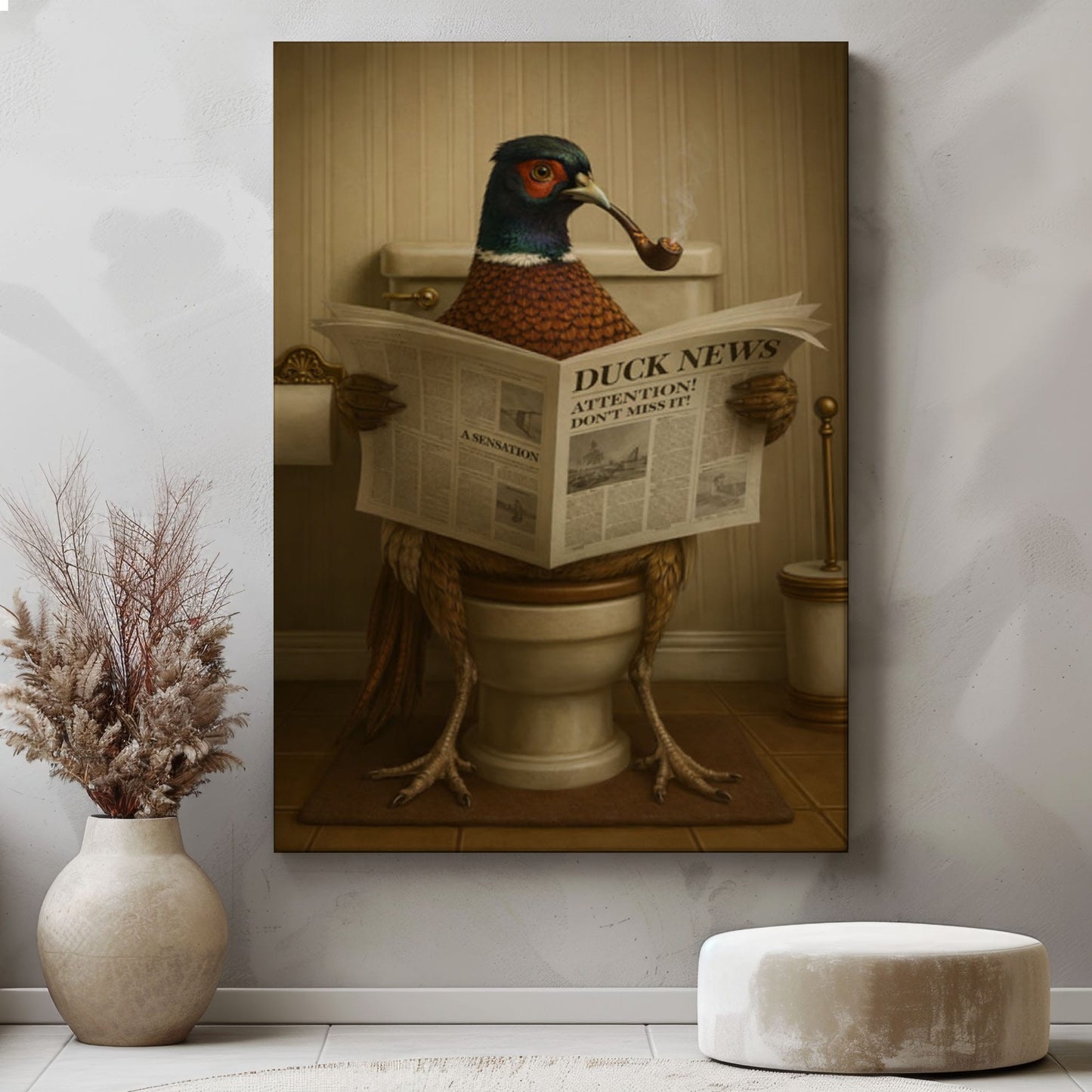 Pheasant on Toilet Reading Newspaper Funny Animal Wall Art