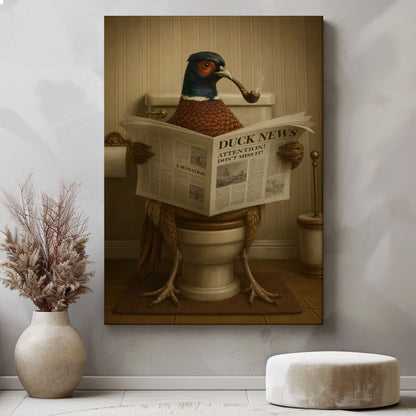 Pheasant on Toilet Reading Newspaper Funny Animal Wall Art