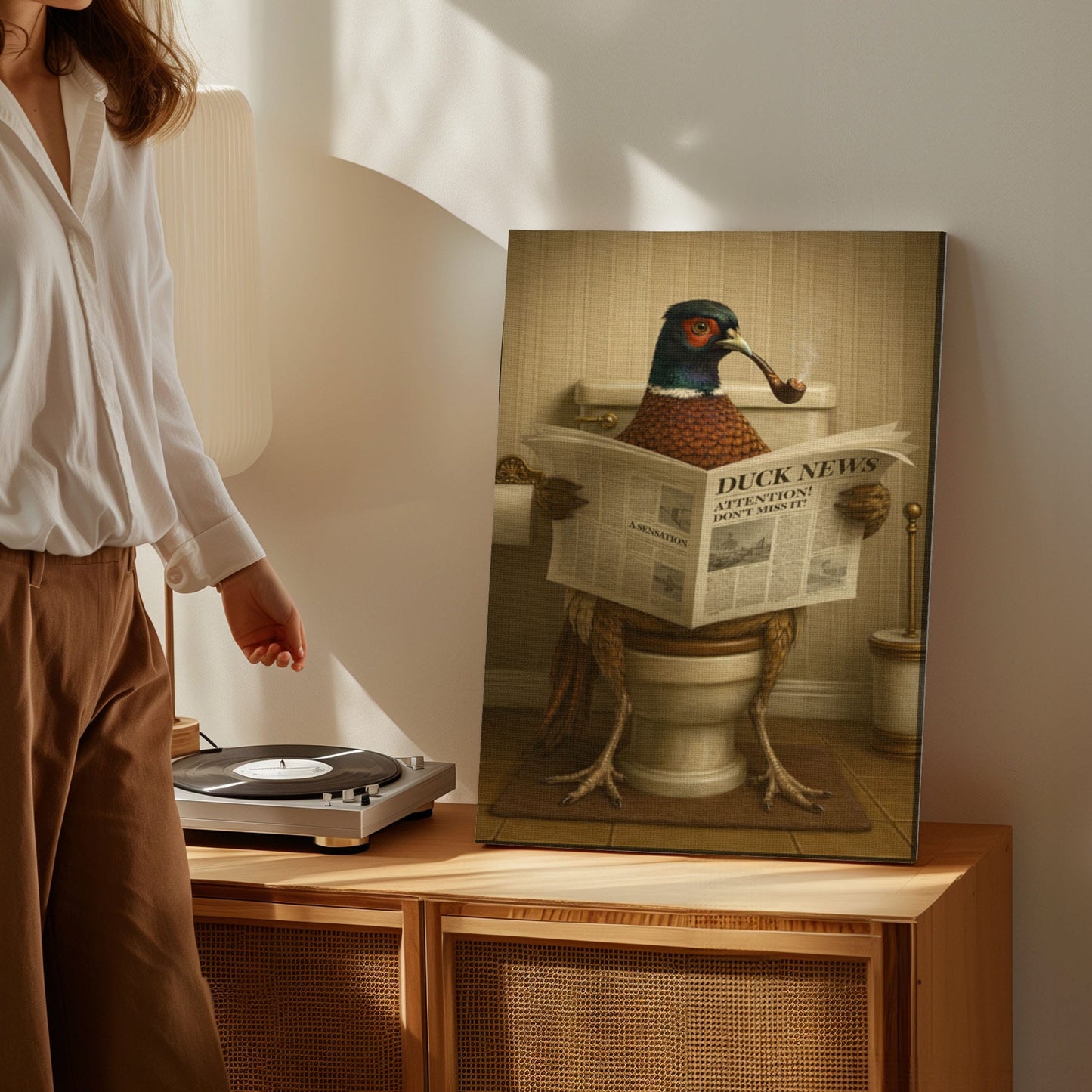 Pheasant on Toilet Reading Newspaper Funny Animal Wall Art