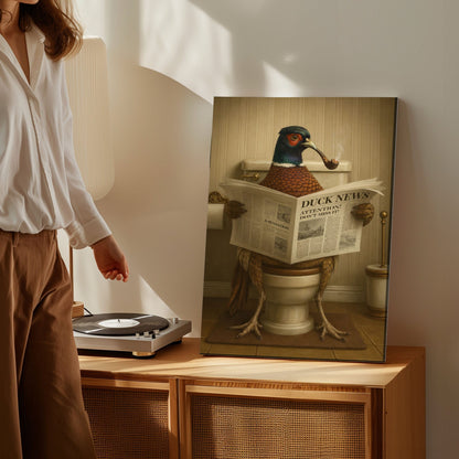 Pheasant on Toilet Reading Newspaper Funny Animal Wall Art