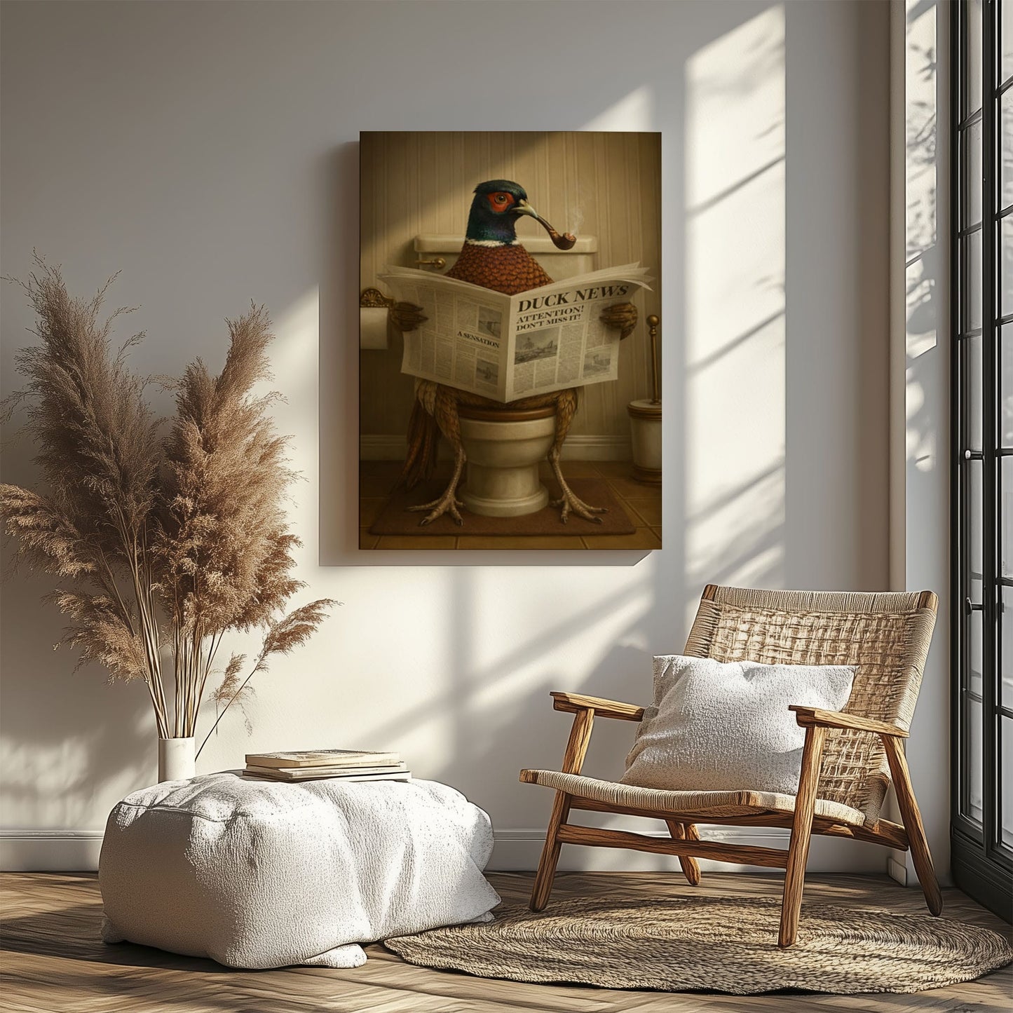 Pheasant on Toilet Reading Newspaper Funny Animal Wall Art