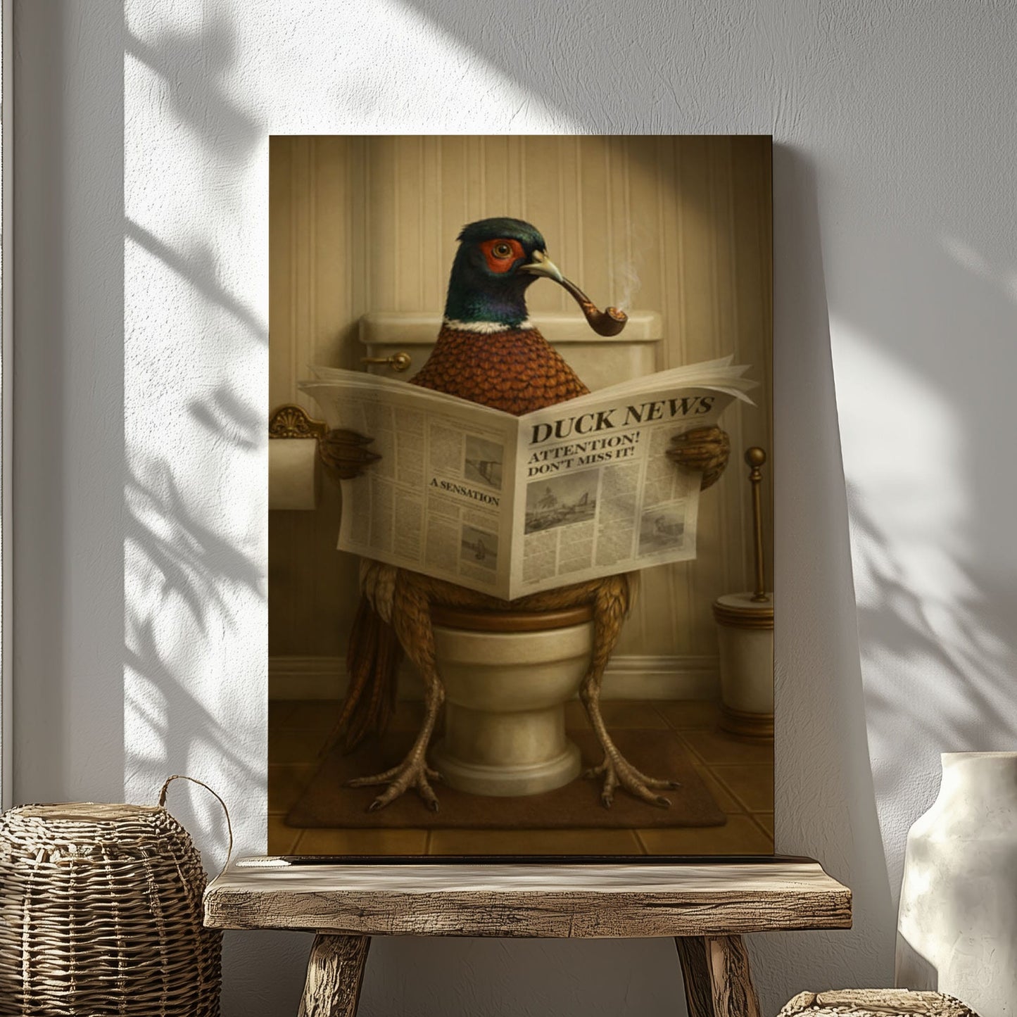 Pheasant on Toilet Reading Newspaper Funny Animal Wall Art