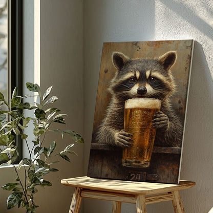 Raccoon Drinking Beer Man Cave Wall Art Print