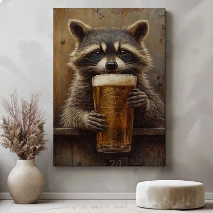 Raccoon Drinking Beer Man Cave Wall Art Print