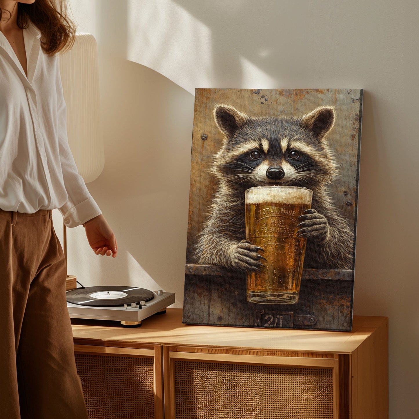 Raccoon Drinking Beer Man Cave Wall Art Print