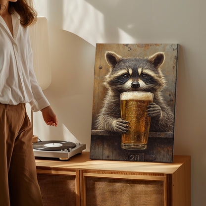 Raccoon Drinking Beer Man Cave Wall Art Print
