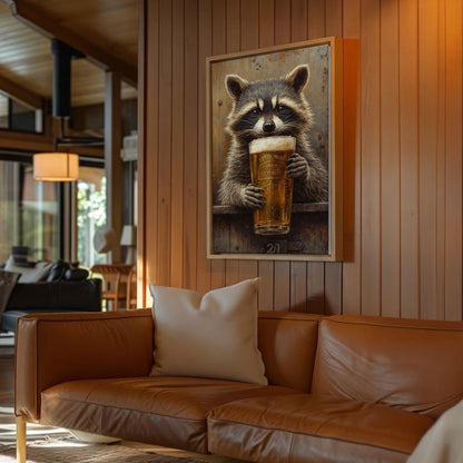 Raccoon Drinking Beer Man Cave Wall Art Print