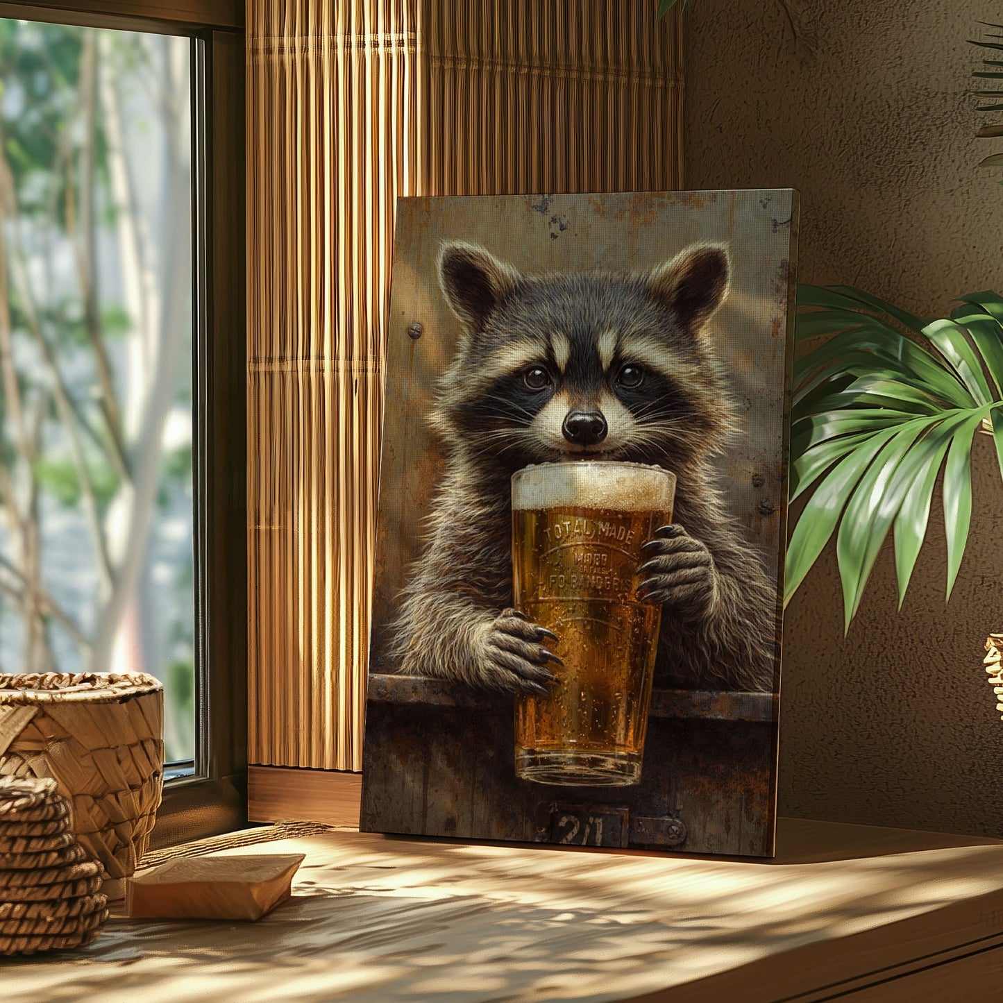 Raccoon Drinking Beer Man Cave Wall Art Print