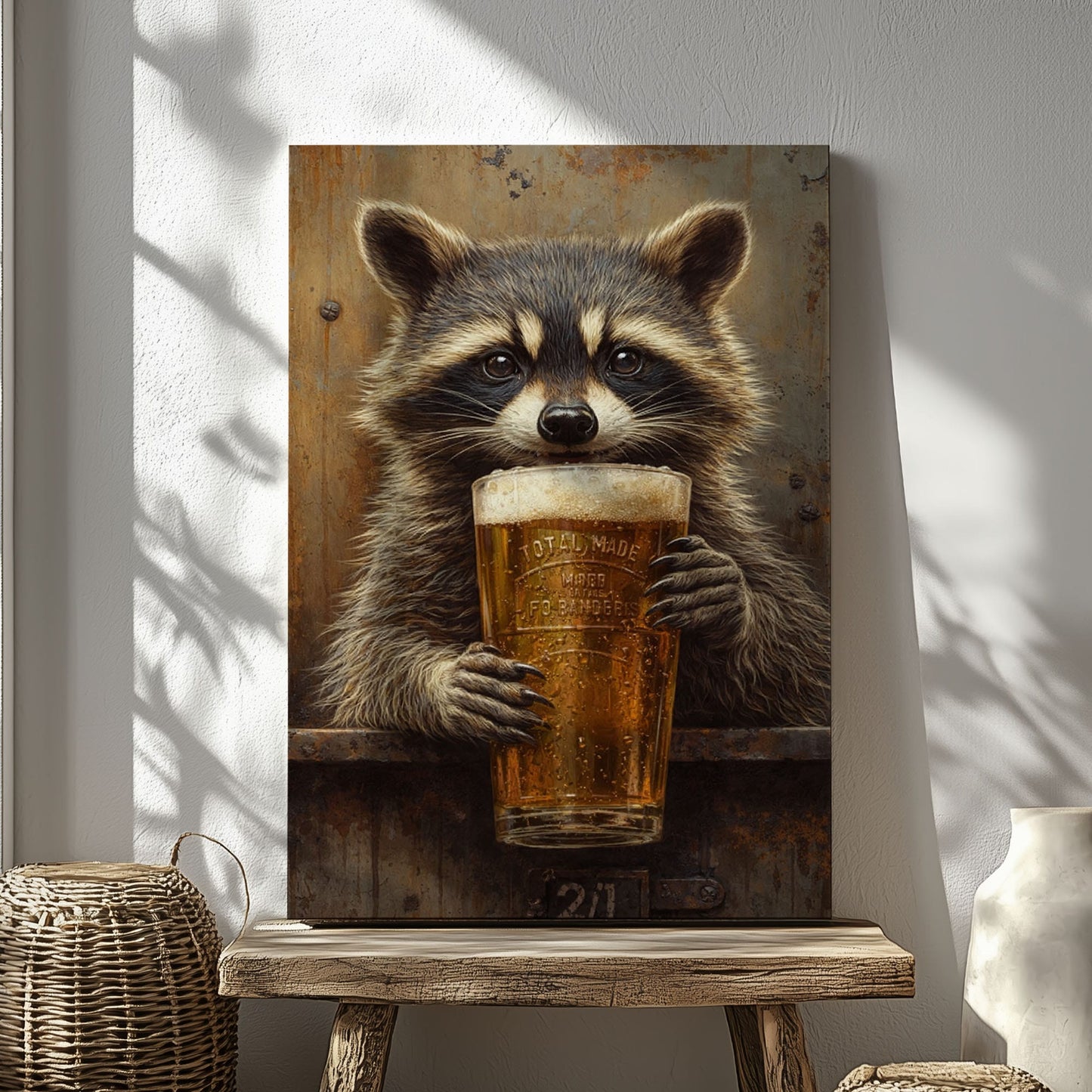 Raccoon Drinking Beer Man Cave Wall Art Print