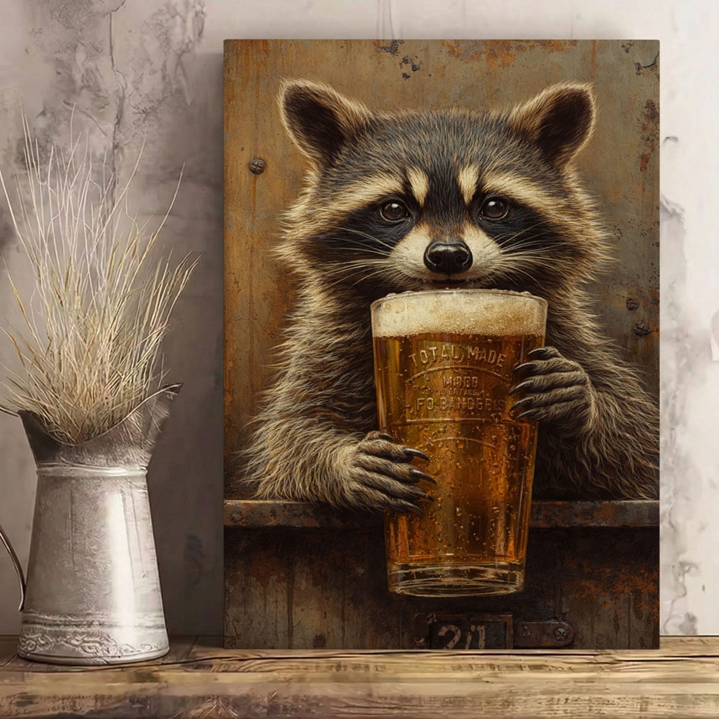 Raccoon Drinking Beer Man Cave Wall Art Print