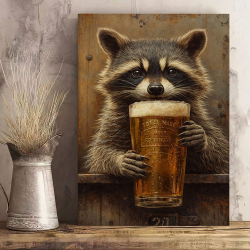 Raccoon Drinking Beer Man Cave Wall Art Print