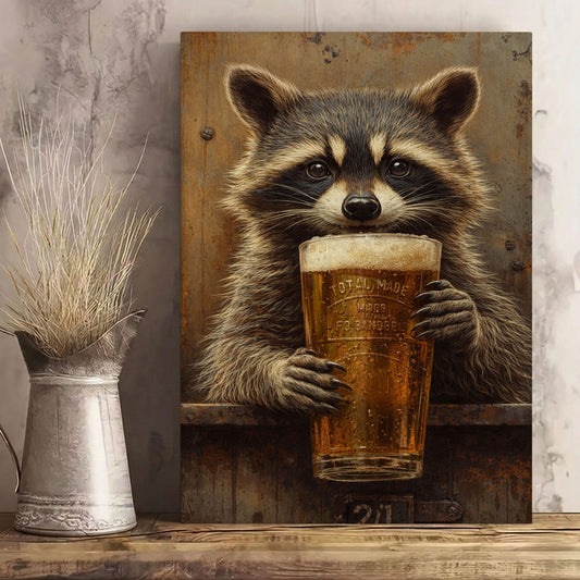 Raccoon Drinking Beer Man Cave Wall Art Print