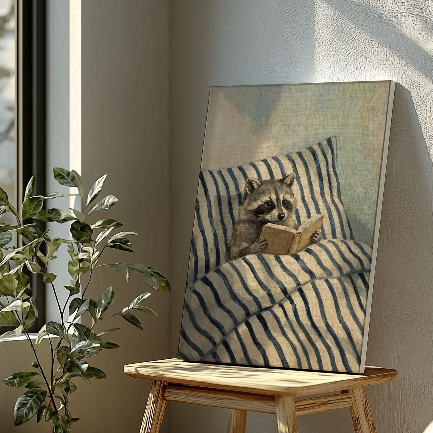 Raccoon Reading in Bed Wall Art Print