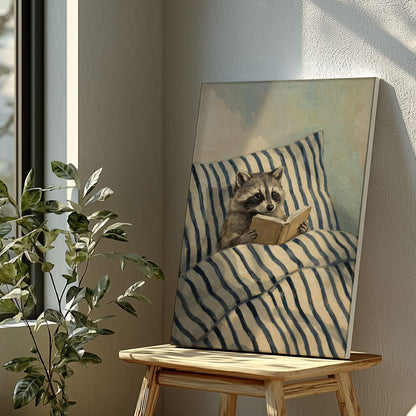 Raccoon Reading in Bed Wall Art Print