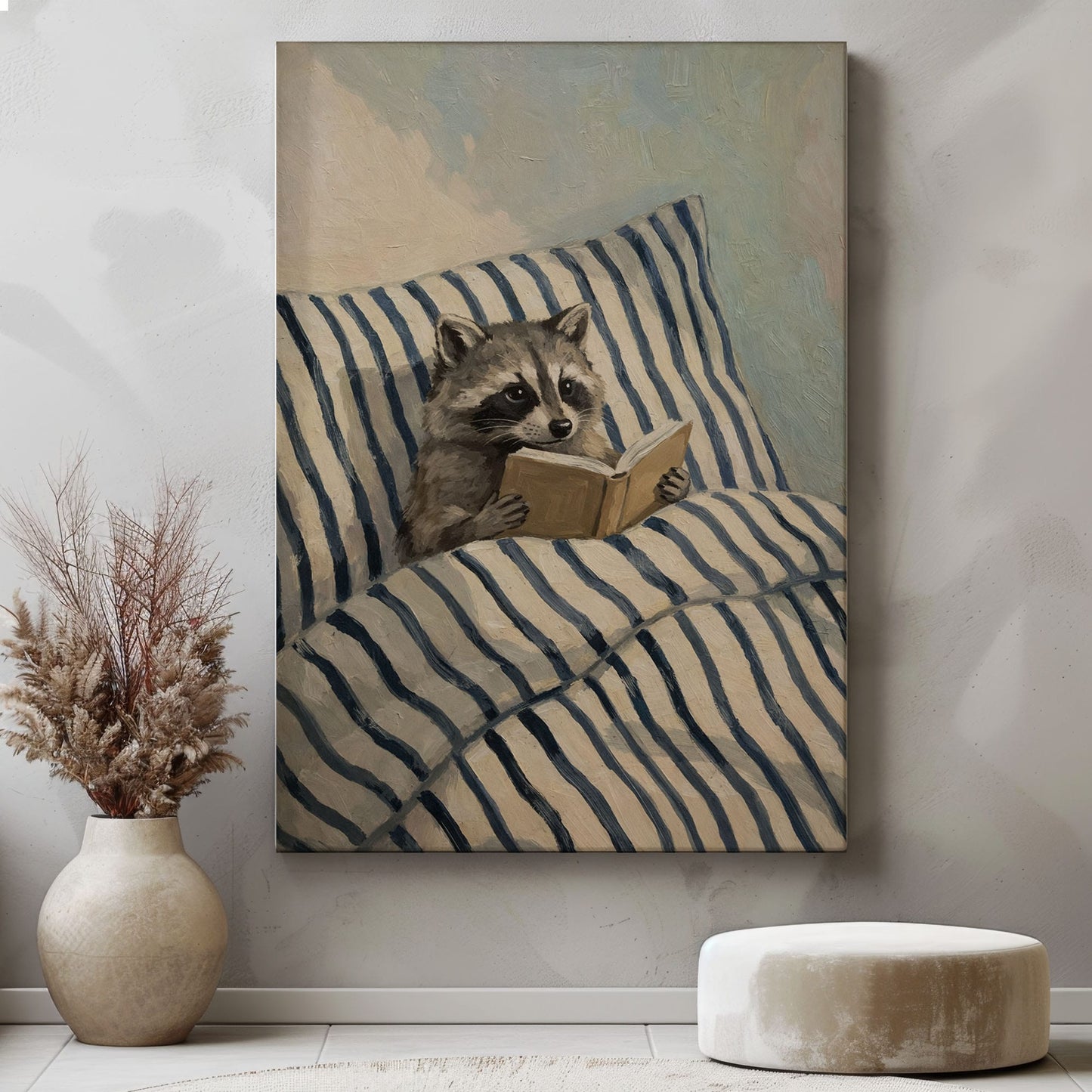 Raccoon Reading in Bed Wall Art Print