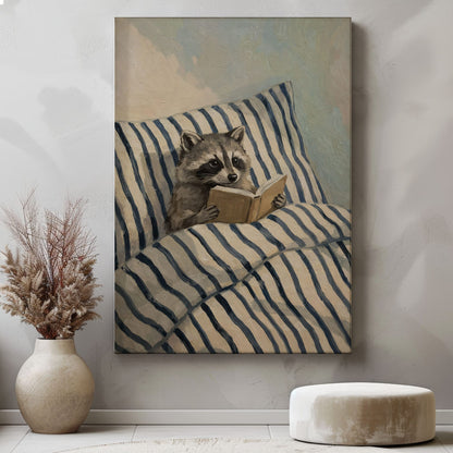 Raccoon Reading in Bed Wall Art Print