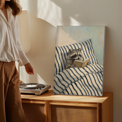 Raccoon Reading in Bed Wall Art Print