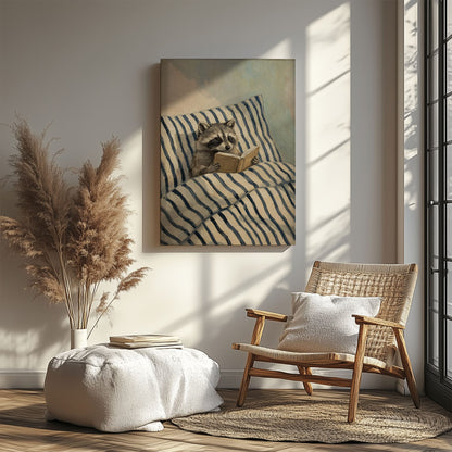 Raccoon Reading in Bed Wall Art Print
