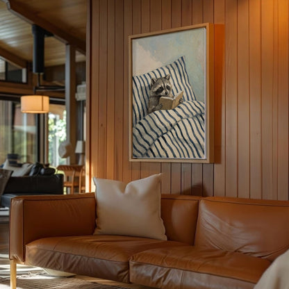 Raccoon Reading in Bed Wall Art Print