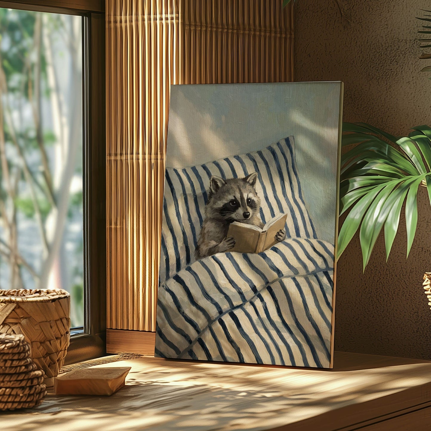 Raccoon Reading in Bed Wall Art Print