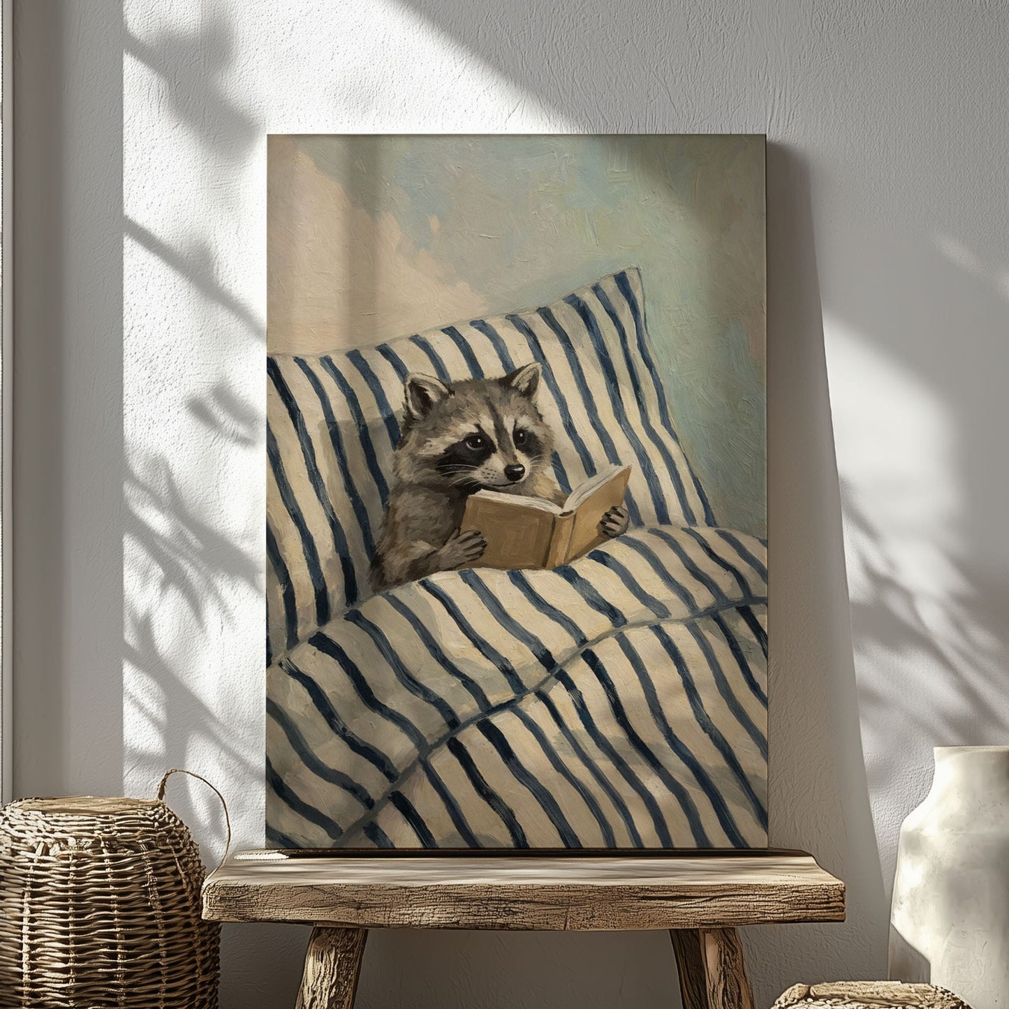 Raccoon Reading in Bed Wall Art Print
