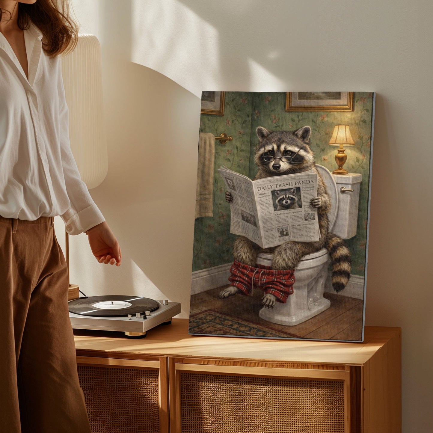 Funny Raccoon On Toilet Quirky Bathroom Decor Canvas