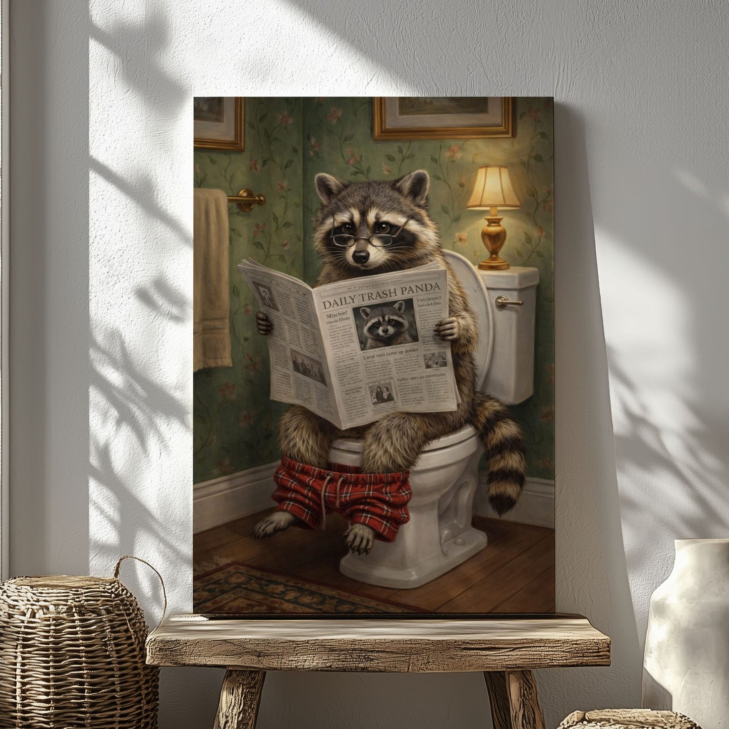 Funny Raccoon On Toilet Quirky Bathroom Decor Canvas