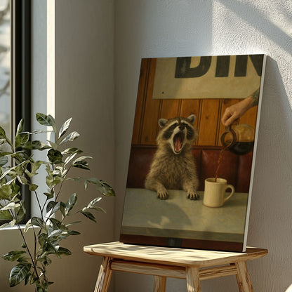 Funny Morning Coffee  Raccoon Print  Diner Wall Art Canvas