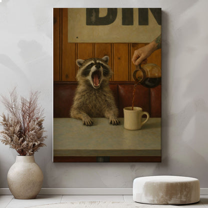 Funny Morning Coffee  Raccoon Print  Diner Wall Art Canvas