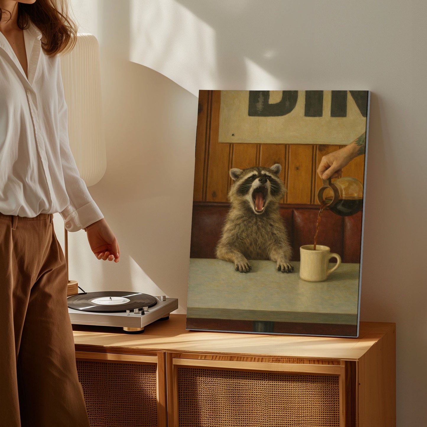Funny Morning Coffee  Raccoon Print  Diner Wall Art Canvas