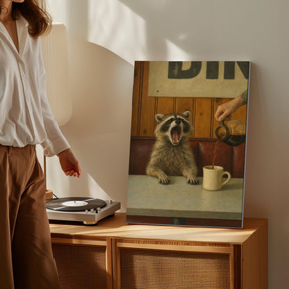 Funny Morning Coffee  Raccoon Print  Diner Wall Art Canvas