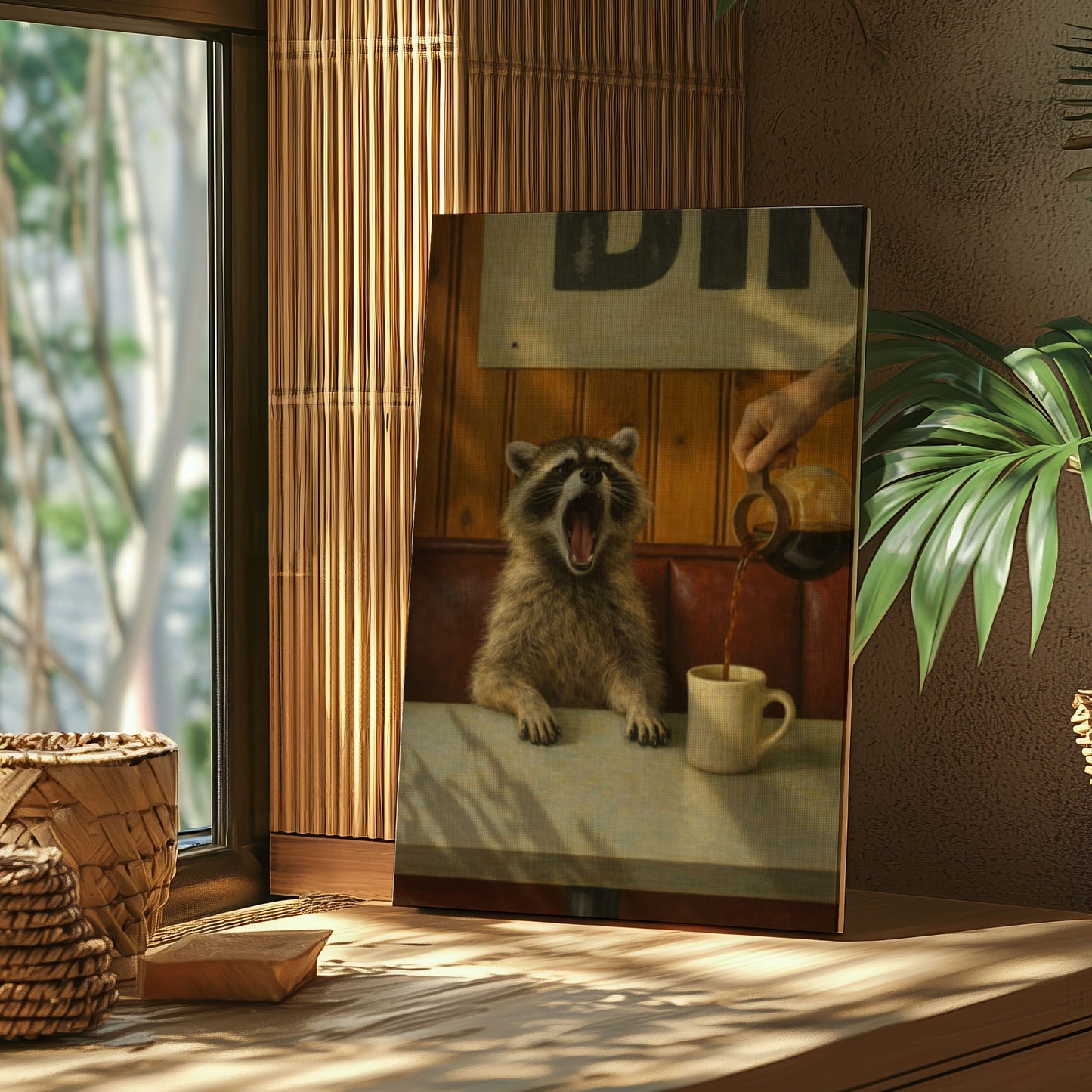 Funny Morning Coffee  Raccoon Print  Diner Wall Art Canvas