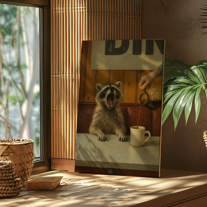Funny Morning Coffee  Raccoon Print  Diner Wall Art Canvas