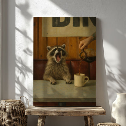 Funny Morning Coffee  Raccoon Print  Diner Wall Art Canvas
