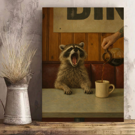 Funny Morning Coffee  Raccoon Print  Diner Wall Art Canvas